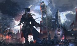 Rule 34 | 1girl, ascot, black hat, bloodborne, boots, cal (calcalpoi), city, cityscape, clock, clock tower, cloud, commentary request, green eyes, hat, holding, holding weapon, lady maria of the astral clocktower, long hair, messengers (bloodborne), moon, night, outdoors, ponytail, rakuyo (bloodborne), reverse trap, scenery, sky, solo, standing, sword, the old hunters, tower, weapon, white hair
