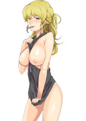 Rule 34 | 1girl, between breasts, black shirt, blonde hair, blouse, blush, bolt (hardware), bottomless, breasts, breasts out, freckles, green eyes, gundam, hamushima, kay nimrod, large breasts, mouth hold, nipples, sd gundam, sd gundam g-generation, shirt, shirt tug, solo, white background