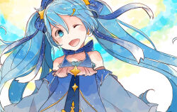 Rule 34 | 1girl, bare shoulders, blue bow, blue choker, blue dress, blue eyes, blue hair, blue sleeves, blush, bow, choker, closed mouth, collarbone, commentary, cowboy shot, detached sleeves, dress, hair between eyes, hair bow, hair ornament, hatsune miku, holding, holding wand, layered dress, long hair, looking at viewer, md5 mismatch, one eye closed, raised eyebrows, resolution mismatch, sidelocks, sky, sleeveless, sleeveless dress, smile, solo, source smaller, star (sky), star (symbol), star hair ornament, starry sky, tearing up, twintails, vocaloid, wand, xxxx saki, yuki miku, yuki miku (2017)
