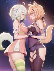 Rule 34 | 2girls, ahoge, animal ear fluff, animal ears, blonde hair, blush, breasts, cat ears, cat girl, cat tail, cleavage, facial mark, ferret ears, ferret girl, ferret tail, green hair, highres, holding hands, indie virtual youtuber, laimu (vtuber), long hair, medium breasts, multiple girls, secon, second-party source, shyrei faolan, smile, tail, thighhighs, virtual youtuber, vyugen, whisker markings, yuri