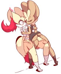 Rule 34 | 2girls, against wall, animal ears, artist name, ass, bespectacled, between legs, black legwear, black panties, black sclera, black skirt, blush, braixen, breast press, breasts, clothes pull, colored sclera, creatures (company), diives, femdom, fox ears, fox tail, freckles, from behind, furry, game freak, gen 4 pokemon, gen 6 pokemon, glasses, half-closed eyes, hands up, highres, looking back, lopunny, medium breasts, multiple girls, nintendo, open mouth, panties, pantyshot, pokemon, pokemon (creature), pokemon dppt, pokemon xy, rabbit ears, rabbit tail, red eyes, shirt, short sleeves, simple background, skirt, skirt pull, socks, standing, tail, text focus, underwear, upskirt, white background, white legwear, white panties, white shirt, yuri