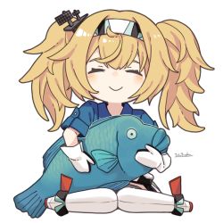 Rule 34 | 1girl, artist name, blonde hair, blue shirt, breasts, collared shirt, commentary request, closed eyes, facing viewer, fish, full body, gambier bay (kancolle), gloves, hairband, ichiroku (sakumogu-029), kantai collection, large breasts, long hair, oversized object, shirt, simple background, sitting, smile, solo, thighhighs, twintails, wariza, white background, white gloves, white thighhighs