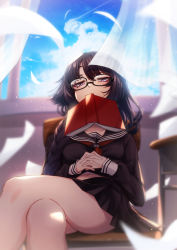 Rule 34 | 1girl, black-framed eyewear, black sailor collar, black serafuku, black shirt, black skirt, blouse, blue sky, blurry, blurry background, blush, book, braid, breasts, brown hair, chair, classroom, cloud, cluseller, collarbone, covering own mouth, crossed legs, cumulonimbus cloud, curtains, day, desk, female focus, glasses, hair over one eye, half-closed eyes, highres, indoors, interlocked fingers, light blush, light particles, long hair, long sleeves, looking at viewer, midriff peek, miniskirt, navel, neckerchief, open book, original, own hands together, paper, pleated skirt, purple eyes, red neckerchief, sailor collar, school chair, school desk, school uniform, serafuku, shirt, single braid, sitting, skirt, sky, small breasts, solo, wind, window