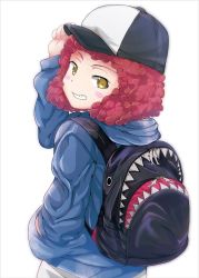 Rule 34 | 1girl, adjusting clothes, adjusting headwear, backpack, bag, baseball cap, black hat, blue shirt, blush stickers, brown eyes, casual, commentary, curly hair, from behind, girls und panzer, grin, hand in pocket, hat, hood, hoodie, long sleeves, looking at viewer, looking back, red hair, rum (girls und panzer), shark, shibagami, shirt, short hair, simple background, smile, solo, standing, upper body, white background