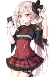Rule 34 | 1girl, :t, arm up, beliatan, belt, black shirt, blue archive, breasts, cellphone, commentary, hair ornament, hand in own hair, hand up, high-waist skirt, high belt, highres, holding, holding phone, long hair, looking at phone, mutsuki (blue archive), phone, plaid, plaid skirt, pleated skirt, purple eyes, red skirt, shirt, side ponytail, skirt, small breasts, smartphone, solo, swept bangs, thigh strap, undershirt, very long hair, white hair, wristband
