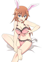 Rule 34 | 1girl, animal ears, barefoot, bed sheet, blue eyes, bra, breasts, charlotte e. yeager, cleavage, commentary, crossed legs, crotch seam, frilled bra, frilled panties, frills, grabbing own breast, long hair, looking at viewer, nanashino, navel, on bed, open mouth, orange hair, panties, pink bra, pink panties, rabbit ears, rabbit girl, rabbit tail, simple background, sitting, smile, solo, strike witches, tail, underwear, underwear only, white background, world witches series