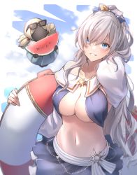 Rule 34 | 1girl, :d, anastasia (fate), anastasia (swimsuit archer) (third ascension) (fate), bad id, bad pixiv id, bare shoulders, black-framed eyewear, black skirt, blue eyes, breasts, cleavage, collarbone, cowboy shot, doll, eyewear on head, fate/grand order, fate (series), floating, food, fruit, glint, grin, hair over one eye, highres, jewelry, knt02142769, large breasts, lifebuoy, long hair, long sleeves, looking at viewer, necklace, off shoulder, open mouth, ponytail, revealing clothes, signature, silver hair, skirt, smile, sunglasses, sunglasses on head, swim ring, teeth, viy (fate), watermelon, watermelon slice