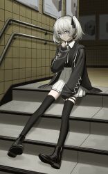 Rule 34 | 1girl, ad, black footwear, black shirt, black thighhighs, boots, commission, grey hair, highres, jacket, kawara pigeon, open clothes, open jacket, original, shirt, sitting, skirt, solo, stairs, thighhighs, twintails, white hair, white skirt