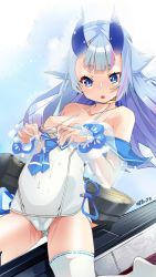 Rule 34 | 1girl, :o, azitama atsushi (attyuu), azur lane, blue eyes, blue hair, blue sailor collar, breasts, choker, collarbone, commentary request, cum, cum on clothes, highres, horns, i-13 (azur lane), long hair, looking at viewer, nipples, one-piece swimsuit, ribbon-trimmed legwear, ribbon trim, sailor collar, small breasts, solo, swimsuit, teeth, thick eyebrows, thighhighs, white one-piece swimsuit, white thighhighs, yellow choker