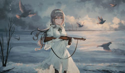 Rule 34 | 1girl, :d, animal, bare tree, bird, black pantyhose, breasts, chihuri, cloud, cloudy sky, commentary request, crane (animal), dress, gloves, grey eyes, gun, hairband, highres, holding, holding gun, holding weapon, long hair, long sleeves, looking at viewer, open mouth, original, outdoors, overcast, pantyhose, renata alekseevna tsvetaeva, silver hair, sky, small breasts, smile, snow, solo, standing, tree, very long hair, weapon, white dress, white gloves, white hairband, wide sleeves