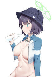 Rule 34 | 1girl, absurdres, blue archive, blush, bottle, breasts, breasts apart, bucket hat, groin, halo, hat, highres, holding, holding bottle, komasi, large breasts, long sleeves, naked shirt, navel, open rash guard, open swimsuit, raglan sleeves, rash guard, saki (blue archive), saki (swimsuit) (blue archive), shirt, simple background, solo, stomach, sweatdrop, white background