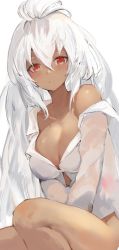 Rule 34 | 1girl, blush, breasts, cleavage, dark-skinned female, dark skin, gnai, granblue fantasy, hair between eyes, highres, large breasts, looking at viewer, naked shirt, partially unbuttoned, red eyes, shirt, simple background, sitting, solo, thighs, white background, white hair, white shirt, zooey (granblue fantasy)