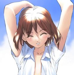 Rule 34 | ^ ^, blouse, brown hair, closed eyes, collared shirt, day, closed eyes, open clothes, open shirt, shirt, short hair, solo, tagme, white shirt