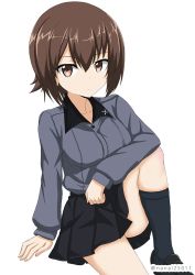 Rule 34 | 10s, 1girl, arm support, black skirt, black socks, brown eyes, brown hair, closed mouth, commentary, dress shirt, elbow on knee, emblem, girls und panzer, grey shirt, kuromorimine school uniform, leg up, light frown, loafers, long sleeves, looking at viewer, miniskirt, nishizumi maho, one-hour drawing challenge, pleated skirt, school uniform, shibagami, shirt, shoes, short hair, simple background, sitting, skirt, socks, solo, twitter username, white background