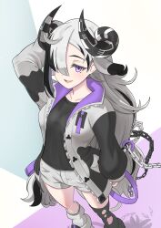 1girl absurdres acedia_(magicami) animal_ears black_hair black_shirt collarbone cow_ears demon_girl hand_on_own_head highres horns jacket kyoumu_(mgcmkyomu) magicami multicolored_hair open_mouth purple_eyes shirt shorts smile socks two-tone_hair white_hair