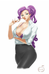 Rule 34 | 1girl, blue eyes, bra, breast hold, breasts, cleavage, cropped legs, glasses, highres, holding, holding removed eyewear, huge breasts, large breasts, lips, long hair, looking at viewer, lvl (sentrythe2310), mouth hold, my little pony, my little pony: friendship is magic, off shoulder, open clothes, open shirt, personification, purple bra, purple hair, rarity (my little pony), shirt, solo, teacher, underwear, unworn eyewear