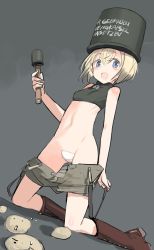 Rule 34 | 1girl, bare shoulders, blonde hair, blue eyes, blush, boots, clothes pull, clothes writing, cosplay, erica hartmann, explosive, german text, grenade, hand grenade, looking at viewer, maebari, navel, personification, potato, shimada fumikane, short hair, shorts, shorts pull, sketch, smile, solo, stick grenade, stielhandgranate, strike witches, translated, world witches series