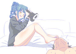 Rule 34 | 1girl, blue hair, camera, drill hair, feet, femdom, nush advance, open mouth, toes, tongue, tongue out, twin drills, yellow eyes