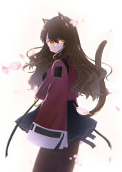 Rule 34 | 1girl, animal ear fluff, animal ears, arknights, black skirt, brown hair, brown pantyhose, cat ears, cat girl, cat tail, closed mouth, commentary request, from side, hair between eyes, highres, jacket, long hair, long sleeves, looking at viewer, looking to the side, mishima hisa, orange eyes, pantyhose, petals, pleated skirt, red jacket, simple background, skirt, skyfire (arknights), sleeves past fingers, sleeves past wrists, smile, solo, tail, tail raised, very long hair, white background, wide sleeves