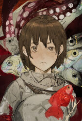 Rule 34 | 1boy, absurdres, brown eyes, brown hair, closed mouth, expressionless, fish, highres, hiranko, looking at viewer, male focus, original, short hair, solo, tentacles, upper body