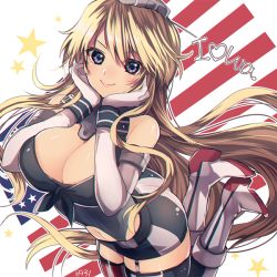Rule 34 | 10s, 1girl, 8931ponzu, american flag, belt, blonde hair, blue eyes, boots, breasts, cleavage, elbow gloves, front-tie top, garter straps, gloves, hands on own face, high heel boots, high heels, iowa (kancolle), kantai collection, knee boots, large breasts, long hair, looking at viewer, miniskirt, skirt, smile, solo, striped clothes, striped skirt, striped thighhighs, thighhighs, vertical-striped clothes, vertical-striped skirt, vertical-striped thighhighs, white footwear, zettai ryouiki