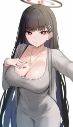 Rule 34 | 1girl, black hair, black nails, blue archive, breasts, bright pupils, cleavage, covered navel, cowboy shot, dongtan dress, dress, fingernails, grey dress, hair ornament, hairpin, halo, highres, jewelry, large breasts, long hair, long sleeves, looking at viewer, meme attire, mijikayo, nail polish, open mouth, pendant, red eyes, ring, rio (blue archive), simple background, solo, white background, white pupils