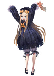Rule 34 | 1girl, :d, abigail williams (fate), arms up, bad id, bad pixiv id, black bow, black dress, black footwear, black hat, blonde hair, bloomers, blue eyes, bow, bug, butterfly, commentary request, dress, fangs, fate/grand order, fate (series), full body, hair bow, hat, holding, holding stuffed toy, insect, long hair, long sleeves, looking away, multiple hair bows, no socks, o (rakkasei), open mouth, orange bow, parted bangs, shoes, simple background, sleeves past fingers, sleeves past wrists, smile, solo, stuffed animal, stuffed toy, teddy bear, underwear, v-shaped eyebrows, very long hair, white background