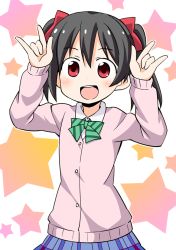 Rule 34 | 10s, 1girl, :d, \m/, black hair, bow, double \m/, hair bow, hair ribbon, looking at viewer, love live!, love live! school idol project, nekotoufu, nico nico nii, open mouth, plaid, plaid skirt, pleated skirt, red eyes, ribbon, school uniform, skirt, smile, solo, twintails, yazawa nico