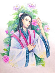 Rule 34 | 1boy, artist name, black eyes, black hair, chinese clothes, day, flower, hair ornament, hair stick, hand up, long hair, looking at viewer, male focus, original, outdoors, painting (medium), solo, standing, traditional media, watercolor (medium), wide sleeves, yamatotsubame