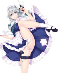 Rule 34 | 1girl, apron, bad id, bad nicoseiga id, blue eyes, bow, braid, cup, dagger, hair bow, highres, izayoi sakuya, knife, leg lift, leg up, loafers, maid, maid apron, maid headdress, mary janes, necktie, panties, pantyshot, playn, shoes, silver hair, simple background, socks, solo, spread legs, standing, standing on one leg, tea, teacup, thigh strap, touhou, tray, twin braids, underwear, upskirt, weapon, white background, white panties, white socks