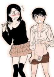 Rule 34 | 2girls, androgynous, black hair, black legwear, black shirt, blouse, blush, bow, bow panties, brown eyes, clothes lift, clothes pull, glasses, gusu, lifted by self, miniskirt, monochrome, multiple girls, panties, panty pull, pussy, sepia, shirt, shirt lift, short shorts, shorts, skirt, surprised, thighhighs, uncensored, underwear, undressing, unzipped, white background, zettai ryouiki