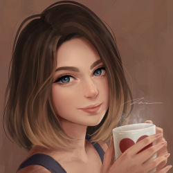 Rule 34 | 1girl, black straps, blue eyes, brown background, brown hair, closed mouth, coffee, commentary, commentary request, cup, english commentary, hands up, heart, holding, holding cup, lips, looking at viewer, no bangs, nose, original, portrait, short hair, signature, simple background, smile, solo, steam, strap, umigraphics