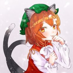 Rule 34 | 1girl, animal ears, bow, bowtie, brown hair, cat ears, cat tail, chen, earrings, green hat, hat, jewelry, long sleeves, looking at viewer, mob cap, multiple tails, nekomata, paw pose, red vest, ribbon, shirt, short hair, single earring, solo, tail, touhou, two tails, usamata nozomi, vest, white bow, white bowtie, white ribbon, white shirt, yellow ribbon