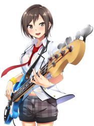 Rule 34 | 1girl, bad id, bad pixiv id, bass guitar, blush, brown eyes, brown hair, collared shirt, fender (company), fender jazz bass, foreshortening, guitar, highres, holding, instrument, jacket, loose necktie, music, navel, necktie, playing instrument, seto ferb, shirt, short hair, shorts, simple background, smile, solo, tokyo 7th sisters, tomohiro kai, white background, white shirt, wristband