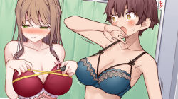 Rule 34 | 2girls, :o, ^^^, armpit crease, bare shoulders, blue bra, blush, bow, bow bra, bra, breast suppress, breasts, bright pupils, brown hair, bust measuring, bustier, cleavage, closed mouth, collarbone, constricted pupils, covering own mouth, embarrassed, fitting room, floral print, full-face blush, green eyes, hair between eyes, half-closed eyes, hand over own mouth, lace, large breasts, long hair, looking at another, looking away, measuring, motion lines, multiple girls, narrowed eyes, open mouth, original, purple hair, red bra, short hair, shrugging, sidelocks, strap gap, surprised, sweat, sweatdrop, tan, tape measure, tears, tokuno yuika, trembling, underwear, upper body, wide-eyed, yellow eyes