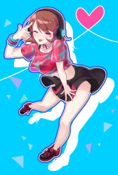 Rule 34 | 1girl, bare legs, belt buckle, belt collar, black footwear, black skirt, black sports bra, blue background, blush, bracelet, brown eyes, brown hair, buckle, choker, collar, collarbone, commentary, cropped shirt, dancing, drop shadow, facial mark, full body, hand up, headphones, heart, heart facial mark, highres, jewelry, looking at viewer, medium hair, midriff, miniskirt, official alternate costume, one eye closed, persona, persona 3, persona 3: dancing moon night, persona dancing, pink footwear, pink shirt, po su su, pointing, pointing at self, see-through, see-through shirt, shirt, short sleeves, skirt, smile, solo, sports bra, swept bangs, symbol-only commentary, takeba yukari, tongue, tongue out, triangle background, two-tone footwear, white choker