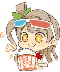 Rule 34 | 1girl, 3d glasses, blood, bow, brown hair, closed mouth, food, glasses, hair bow, long hair, looking at viewer, love live!, love live! school idol project, minami kotori, mota, nosebleed, one side up, popcorn, school uniform, simple background, smile, solo, white background, yellow eyes
