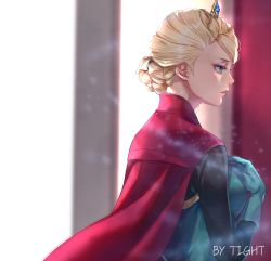 Rule 34 | 1girl, artist name, blonde hair, blue eyes, braid, breath, cape, crown, elsa (frozen), eyelashes, from side, frozen (disney), gloves, highres, jewelry, parted lips, red cape, single braid, tight (ohmygod), upper body
