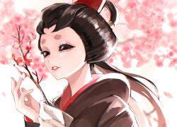 Rule 34 | 1girl, black eyes, black hair, black kimono, blurry, blurry background, branch, cherry blossoms, comb, falling petals, flower, hair ornament, hair pulled back, hair rings, handkerchief, highres, hikimayu, hoge (n8sss), holding, holding branch, identity v, japanese clothes, kimono, long hair, looking at flowers, michiko (identity v), parted lips, petals, pink flower, solid eyes, solo, upper body