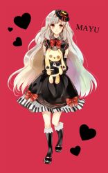 Rule 34 | 1girl, a-shima227, bow, doll, dress, elbow gloves, gloves, heart, holding, kneehighs, long hair, looking at viewer, mayu (vocaloid), piano print, red background, smile, socks, solo, stuffed animal, stuffed rabbit, stuffed toy, usano mimi, vocaloid, yellow eyes