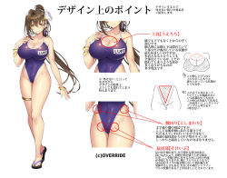 Rule 34 | 1girl, bare shoulders, bracelet, braid, breasts, brown eyes, brown hair, cleavage, closed mouth, commentary request, concept art, covered navel, full body, hair ornament, hand on own chest, hand up, highleg, highleg swimsuit, highres, jewelry, kanpani girls, large breasts, long hair, looking at viewer, mole, mole under eye, one-piece swimsuit, sandals, senri gan, shiny clothes, shiny skin, shirayuri sakura, simple background, smile, standing, swimsuit, thighs, white background
