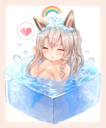 Rule 34 | 1girl, :o, animal ears, azur lane, blush, braid, breasts, commentary request, closed eyes, heart, highres, long hair, medium breasts, open mouth, partially submerged, rainbow, short eyebrows, silver hair, soap bubbles, solo, spoken heart, sukemyon, thick eyebrows, water, wet, wet hair, yuudachi (azur lane)