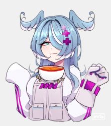 Rule 34 | 1girl, absurdres, animal ears, blue eyes, blue hair, bowl, breasts, clenched hand, commentary, cropped torso, dragon ears, elira pendora, elira pendora (1st costume), english commentary, food, gloves, grey gloves, hair over one eye, head wings, highres, large breasts, m r b, multicolored hair, nijisanji, nijisanji en, noodles, one eye covered, overalls, ramen, single glove, sleeves past fingers, sleeves past wrists, smile, smug, solo, streaked hair, sweater, tawawa challenge, upper body, virtual youtuber, white hair, white sweater, wings