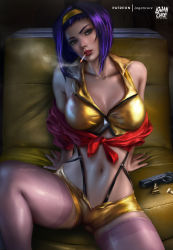 Rule 34 | 1girl, absurdres, ammunition, arm support, arms behind back, artist name, breasts, bullet, cigarette, cleavage, clothes around waist, cowboy bebop, crop top, faye valentine, fingernails, green eyes, gun, hairband, handgun, highres, lipstick, logan cure, looking at viewer, m1911, makeup, medium breasts, medium hair, midriff, mixed-language commentary, mouth hold, navel, patreon username, photoshop (medium), pink thighhighs, pistol, purple hair, red lips, red sweater, shirt, shorts, sitting, smoking, solo, spread legs, sweater, sweater around waist, thick thighs, thighhighs, thighs, watermark, weapon, web address, yellow hairband, yellow shirt, yellow shorts