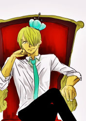 Rule 34 | 1boy, chair, crown, male focus, one piece, red upholstery, sanji (one piece), sitting, throne