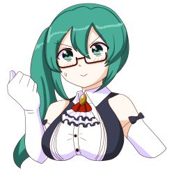 Rule 34 | .live, 1girl, bare shoulders, black-framed eyewear, black vest, blush, breasts, buttons, closed mouth, collared shirt, commentary request, cropped torso, dress shirt, elbow gloves, fist shaking, glasses, gloves, green eyes, green hair, hair between eyes, highres, kagura suzu (.live), large breasts, long hair, looking ahead, looking away, multicolored neckwear, red neckwear, ribbon-trimmed gloves, ribbon trim, semi-rimless eyewear, shirt, side ponytail, sleeveless, sleeveless shirt, smile, solo, sweatdrop, under-rim eyewear, upper body, vest, virtual youtuber, white gloves, white neckwear, white shirt, zi-gaden