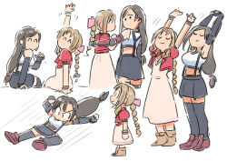 Rule 34 | 2girls, aerith gainsborough, arm around shoulder, arms up, bangle, black bra, black gloves, black hair, black skirt, black thighhighs, boots, bra, bracelet, braid, braided ponytail, breasts, brown footwear, brown hair, closed eyes, crop top, cropped jacket, dress, elbow gloves, elbow pads, final fantasy, final fantasy vii, final fantasy vii rebirth, final fantasy vii remake, fingerless gloves, flying kick, full body, gloves, hair ribbon, hair tie, jacket, jewelry, kicking, long dress, long hair, looking at viewer, low-tied long hair, medium breasts, midriff, miniskirt, multiple girls, outstretched arms, parted bangs, pink dress, pink ribbon, red jacket, ribbon, shirt, short sleeves, sidelocks, single braid, single elbow pad, sketch, skirt, sleeveless, sleeveless shirt, smile, sports bra, stretching, suspenders, thighhighs, tifa lockhart, tsubobot, underwear, v-shaped eyebrows, waving, white background, white shirt
