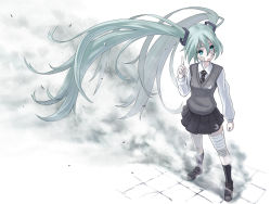 Rule 34 | 1girl, aqua eyes, aqua hair, bad id, bad pixiv id, bandages, bandaid, breasts, female focus, full body, hatsune miku, loafers, long hair, mofu (mof swimradio), necktie, pointing, rolling girl (vocaloid), school uniform, shoes, skirt, socks, solo, sweater vest, twintails, very long hair, vocaloid, white background
