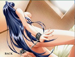 Rule 34 | 1girl, aoi yuu, arms behind back, ass, bdsm, bed, black hair, blue hair, blush, bondage, bound, bound wrists, breasts, censored, chain, chained wrists, closed eyes, cuffs, cuffs chained together, game cg, indoors, kneeling, long hair, mosaic censoring, nikukyuu, nipples, nude, pussy, shimai ijiri, sideboob, window, wrist cuffs, wrists chained together