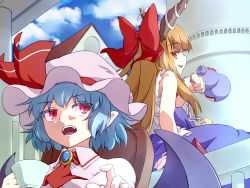 Rule 34 | 2girls, arm up, ascot, bat wings, blouse, blue hair, blue skirt, blue sky, blunt bangs, bow, brooch, chain, chair, colored eyelashes, commentary request, cup, day, gourd, hair bow, hat, hat ribbon, hazumi otoya, highres, horn ornament, horn ribbon, horns, ibuki suika, index finger raised, jewelry, knee up, long hair, looking at another, looking back, mob cap, multiple girls, on railing, open mouth, orange eyes, orange hair, outdoors, pink shirt, pointy ears, puffy short sleeves, puffy sleeves, railing, red ascot, red bow, red eyes, remilia scarlet, ribbon, shirt, short hair, short sleeves, sitting, skirt, sky, sleeveless, sleeveless shirt, teacup, teeth, torn clothes, torn shirt, touhou, tower, upper body, upper teeth only, very long hair, wings